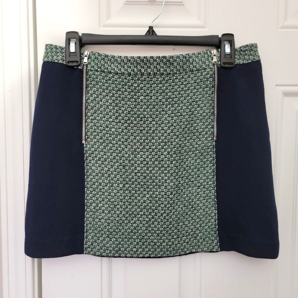 Club Monaco Navy And Green Tweed Mini Skirt Zipper Accents Size 6 - Picture 1 of 12